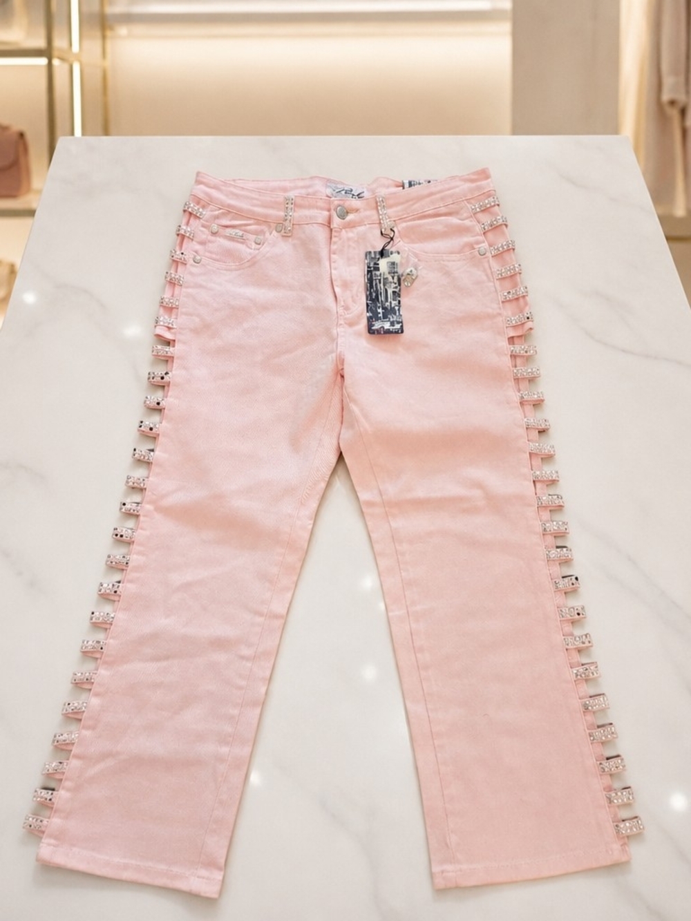 Platinum Plush White Capri Jeans Size  Rhinestone Cutout Side Y2K Size 13